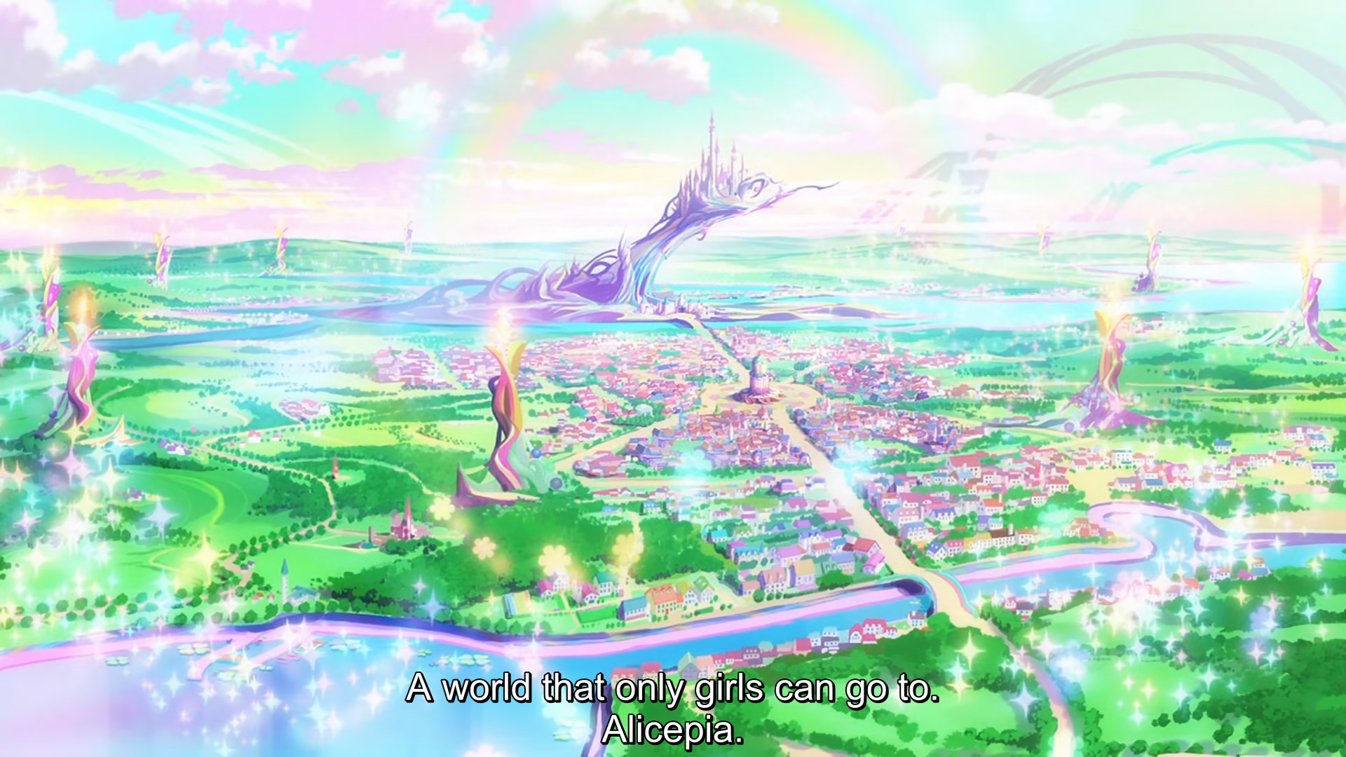 A bird's eye view of a fairytale world. Subtitles say 'A world that only girls can go to. Alicepia'.